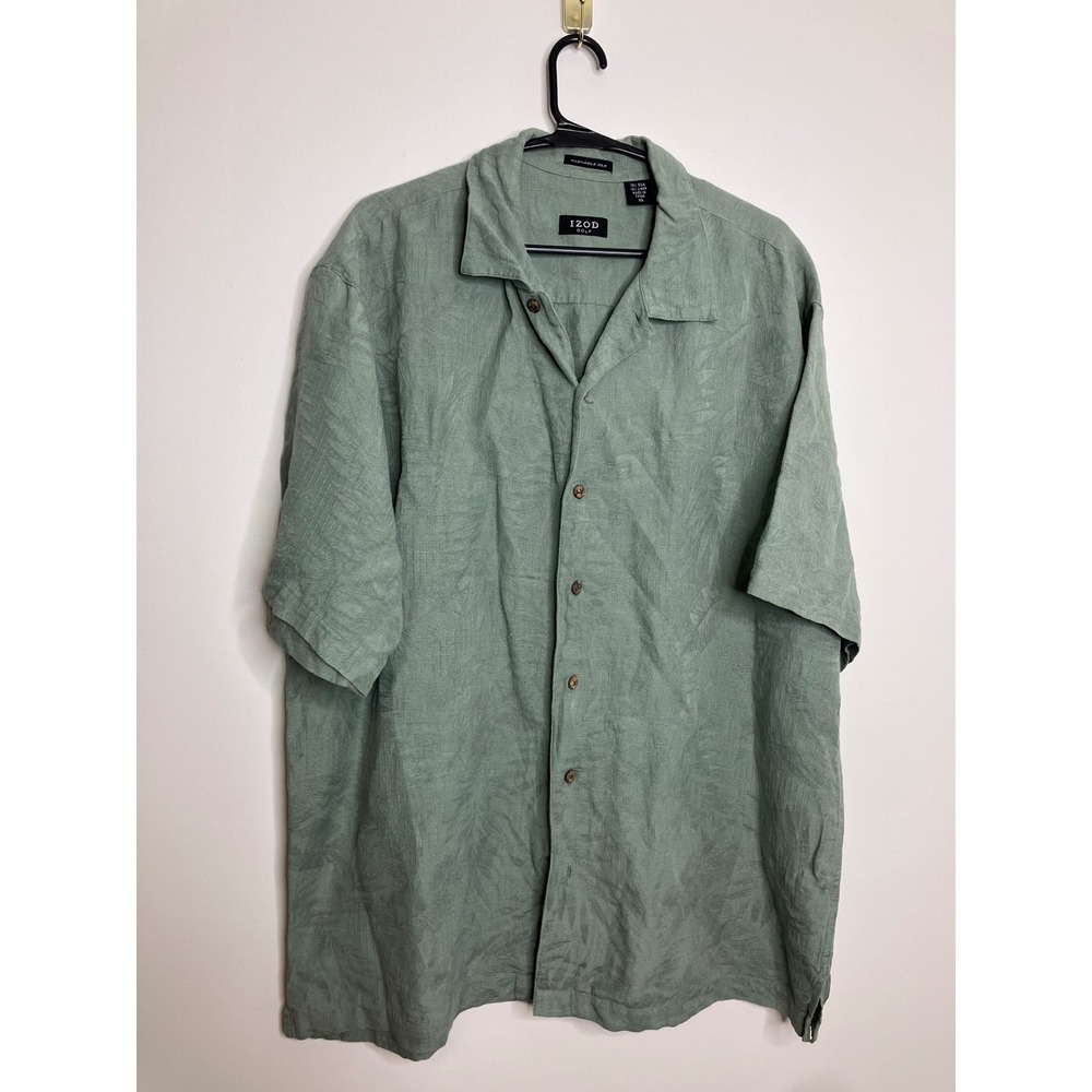 IZOD Golf Button Up Mens XL Green Excellent Silk Linen Tropical Camp Shirt